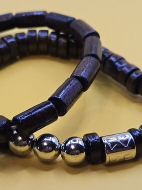 Men's Beaded Bracelet with Silver Accent - Dark Brown Set Of 2